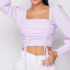 NEW Fashion Boutique Trendy Ruched Long Sleeve Top Blouse Zara Style Lilac